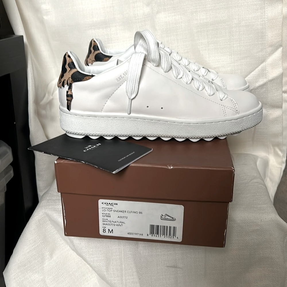 NIB, NWT never worn! White leather + leopard Coach sneakers, C101 Low Top